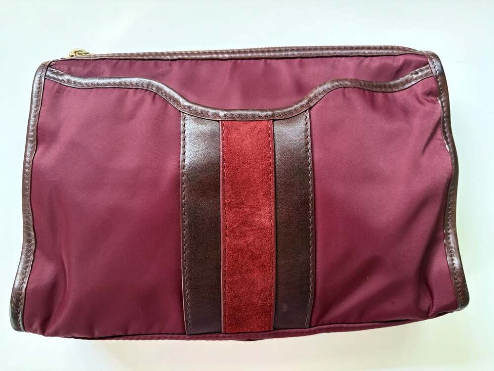 MZ Wallace Burgundy Nylon and Leather Suede Trim Cosmetic Pouch